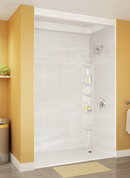White tile-look acrylic shower with yellow surrounding walls