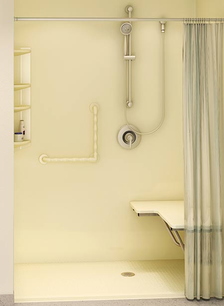Beige shower with accessibility seat
