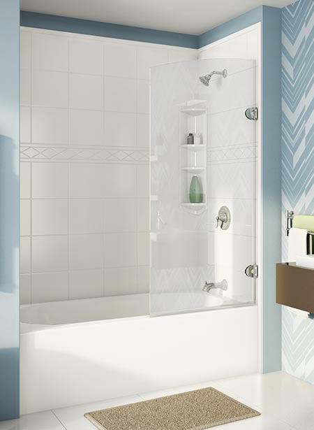 White tile-look shower over acrylic bathtub 