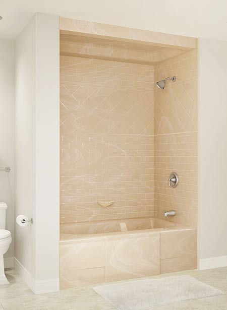Beige tile-look shower over bath tub