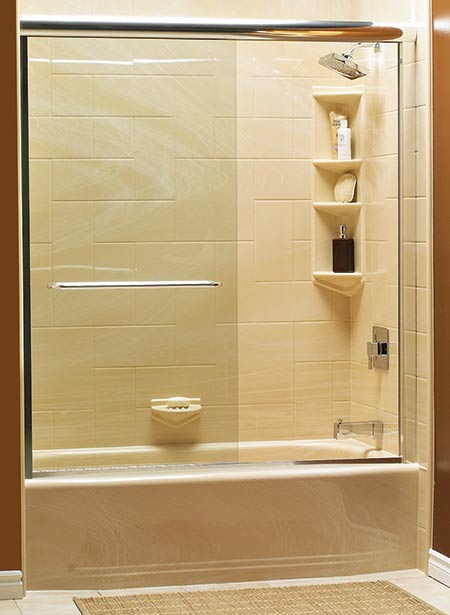 Beige ceramic bath with over shower