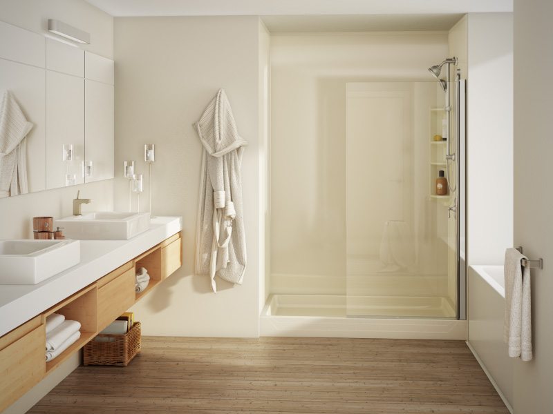 Beige modern bathroom with shower and floating vanities