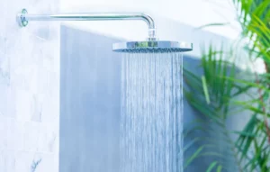 Rain shower head in relaxing and renovated shower