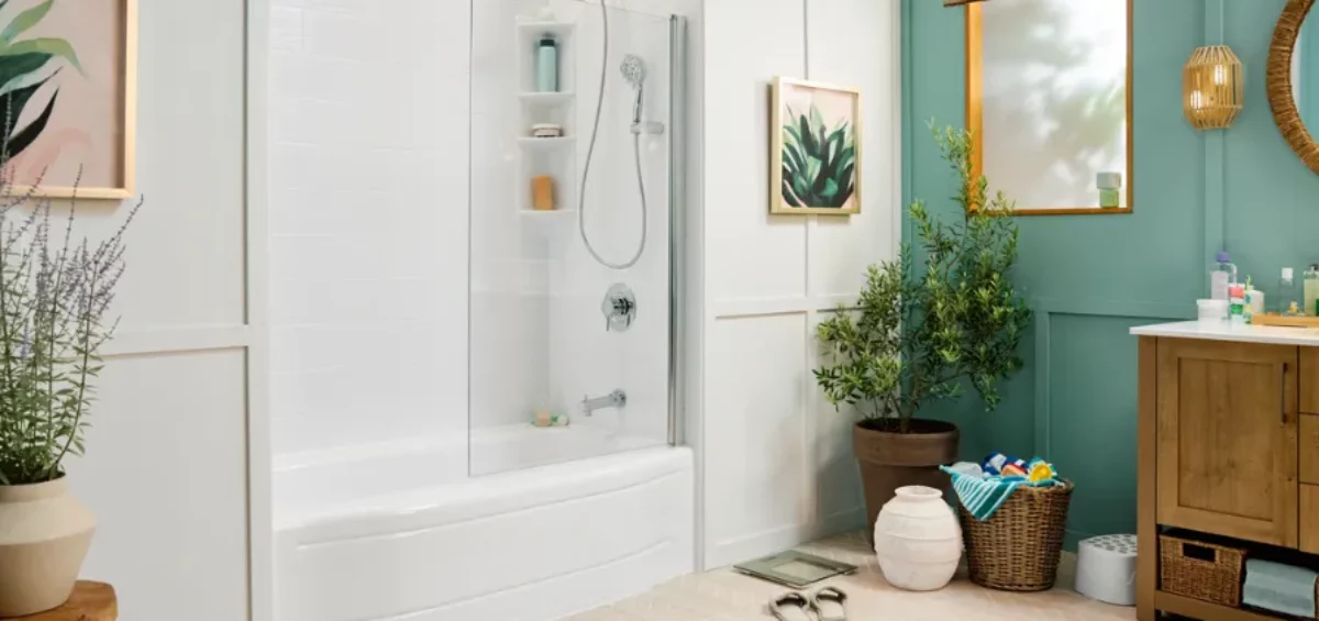 2025 Bathroom Trends - Trendy bathroom paint color with plants and organizational features