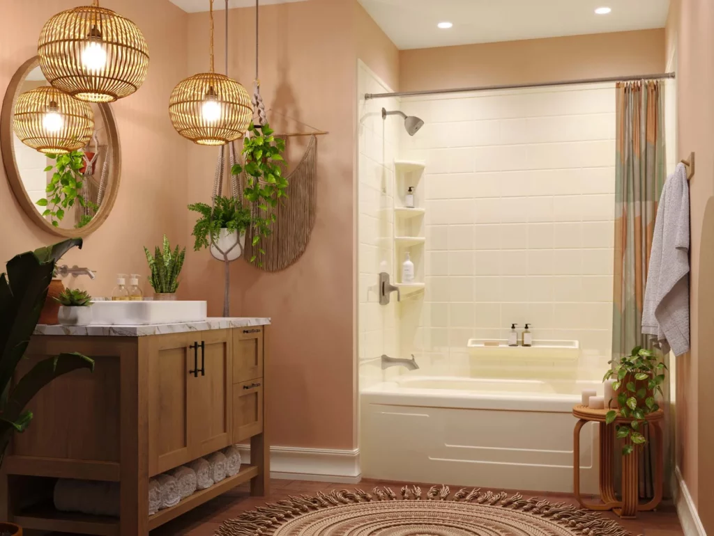 Eco-Friendly lighting fixtures in warm-toned Bath Fitter Pittsburgh bathroom