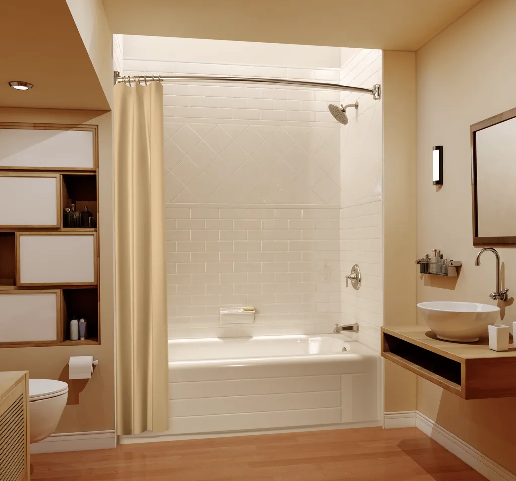 Warm, earthy toned bathroom with wooden accents