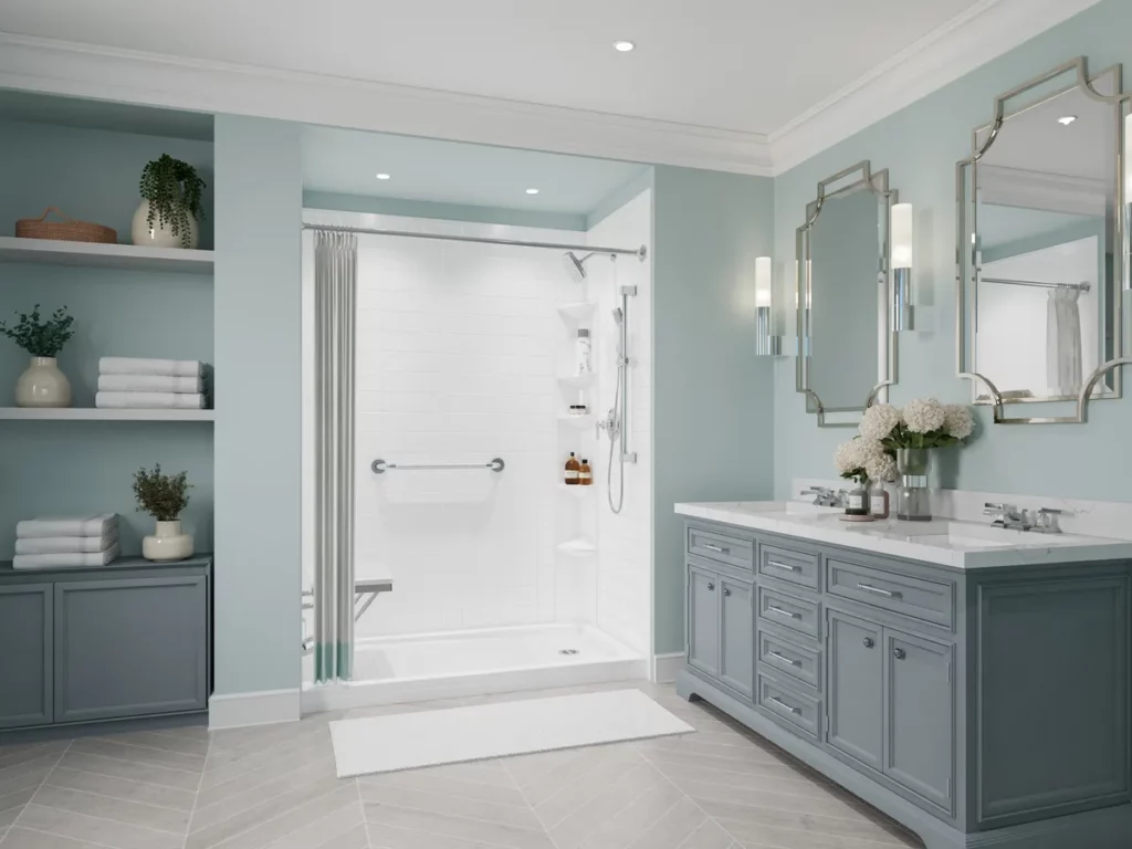 a serene blue and aqua bathroom with walk-in shower and double vanity